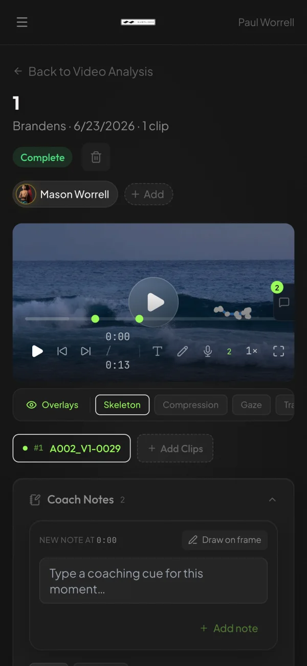 Surflink mobile video analysis with coach notes