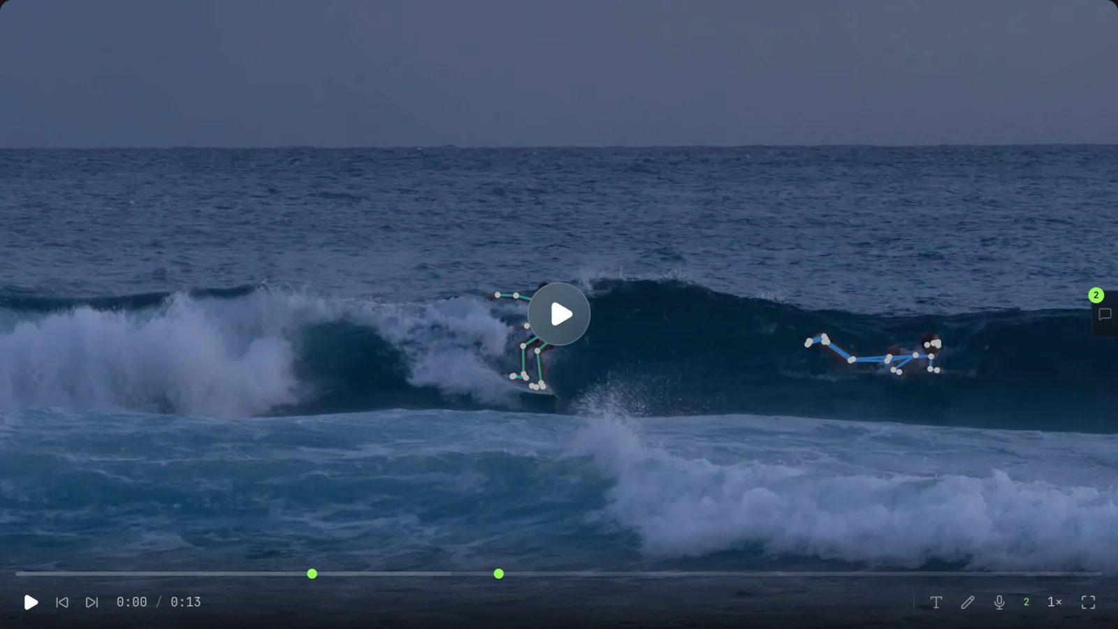 Surflink AI overlays with pose skeletons tracking each surfer